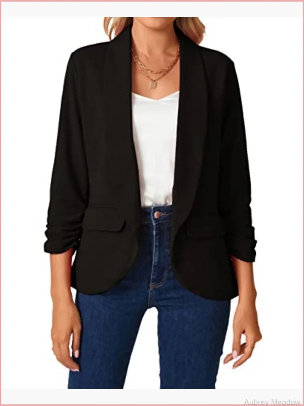 Women's Open Front Blazer 3/4 Ruched Sleeve Shawl Collar Business Work Jacket